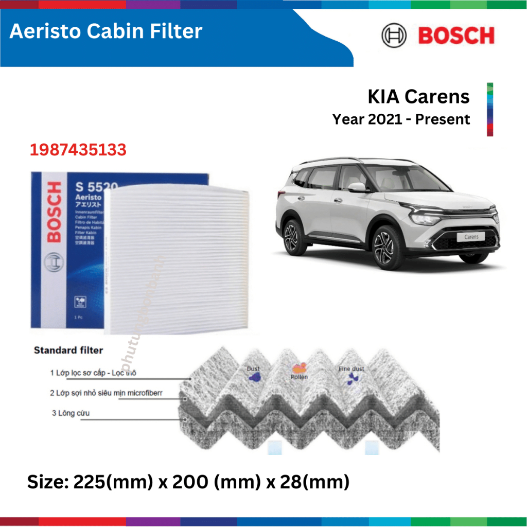Lọc gió điều hòa BOSCH Aeristo 1987435133, KIA Carens đời xe 2022 đến nay, lọc gió máy lạnh Carens