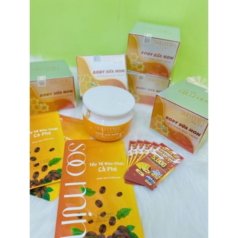 BODY SỮA NON SOOMIN TẶNG ,PHIẾU TRÚNG THƯỞNG,TẨY DA CHẾT,MUỖNG THOA KEM