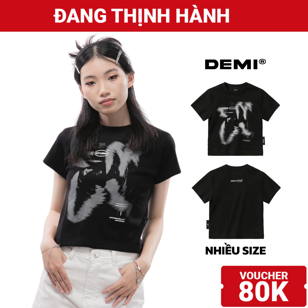 Áo baby tee local brand nữ tay ngắn, hình in blur đẹp mắt, vải thun cotton dày dặn màu đen DEMI | DE-T73