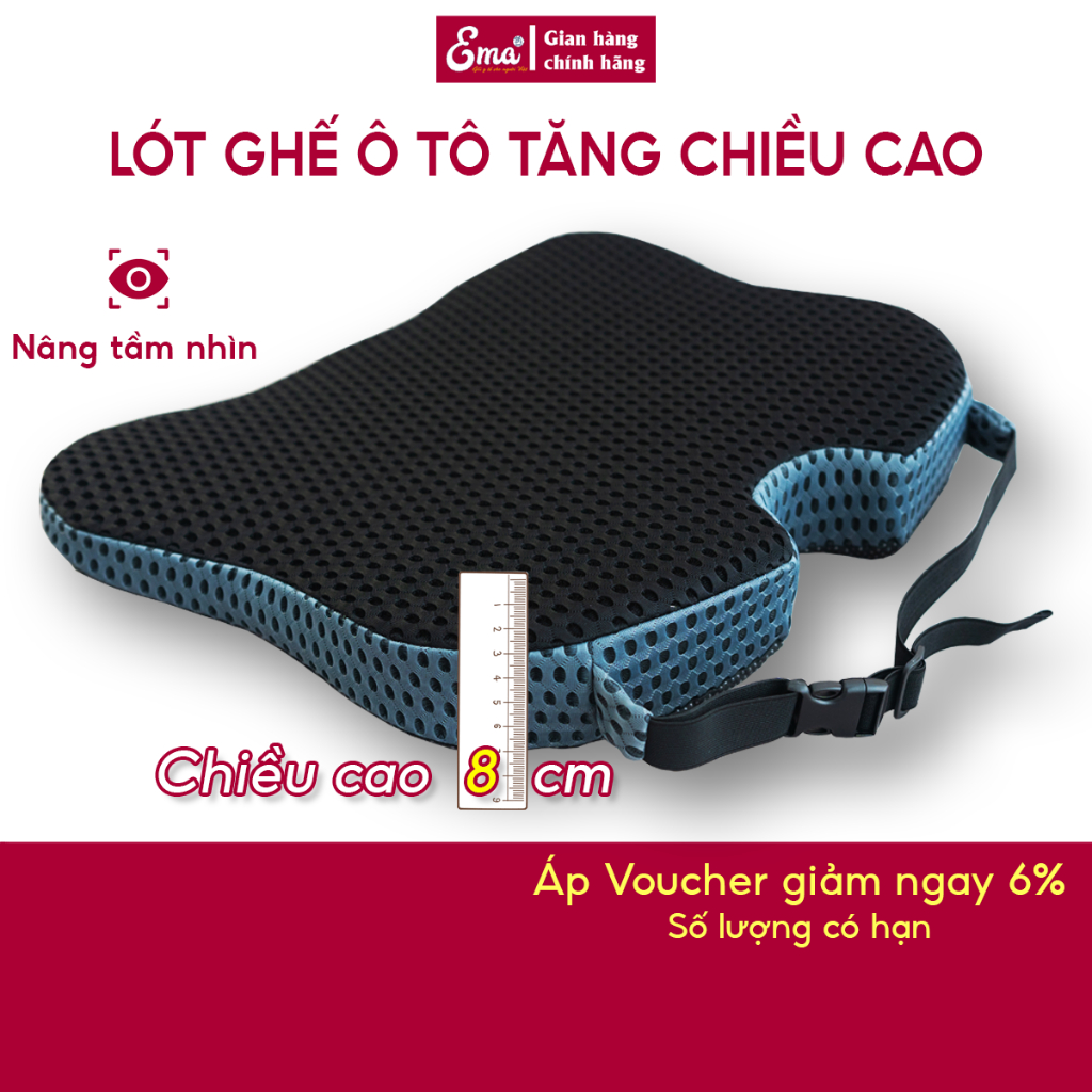 Đệm lót ghế ô tô tăng chiều cao Ema cao 8 cm chất liệu cao su non thiết kế chiều dốc chỉnh tư thế ngồi chuẩn
