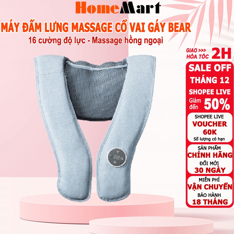 Máy đấm lưng massage cổ vai gáy Bear 16 cường độ, làm nóng bằng tia hồng ngoại, HomeMart – Hàng chính hãng BH 6-18 tháng
