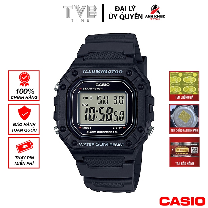 Đồng hồ nam dây nhựa Casio chính hãng Anh Khuê W-218H-1AVDF
