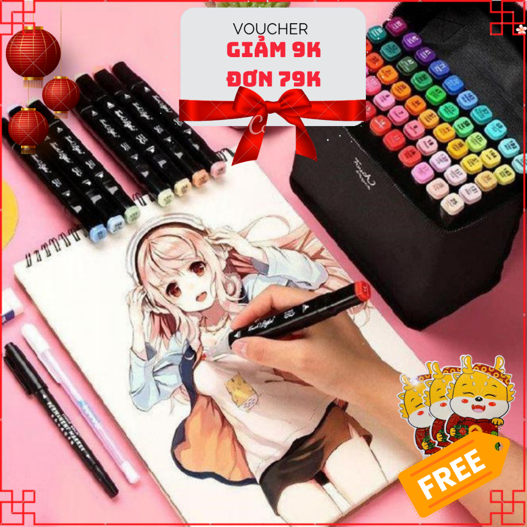 Tặng Bao LX Thìn 2024+bút gel Bút Màu Marker Touch 48 Cây Chuyên Nghiệp Kèm Túi Vải Họa Cụ Tô Màu Dạ Vẽ Tranh Anim