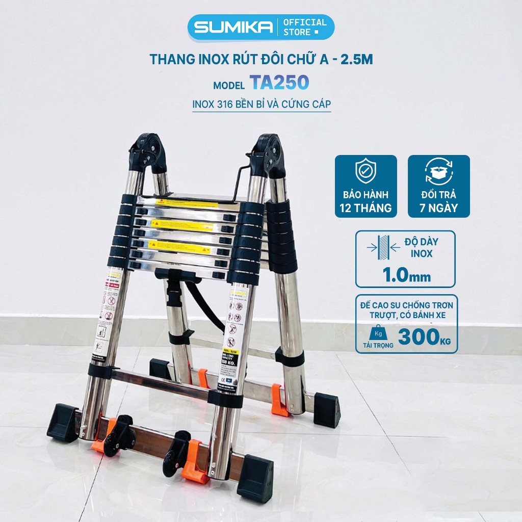 Thang Inox rút đôi SUMIKA TA250 - rút chữ A cao 2.5m, rút chữ I cao 5.0m, tải trọng 300kg