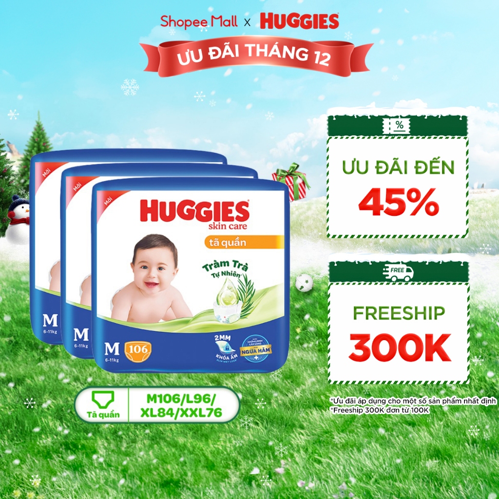 [Tặng thêm miếng cho size L,XL,XXL] Combo 3 gói Tã quần Huggies Skincare Mega Jumbo M106/L96/XL84/XXL76