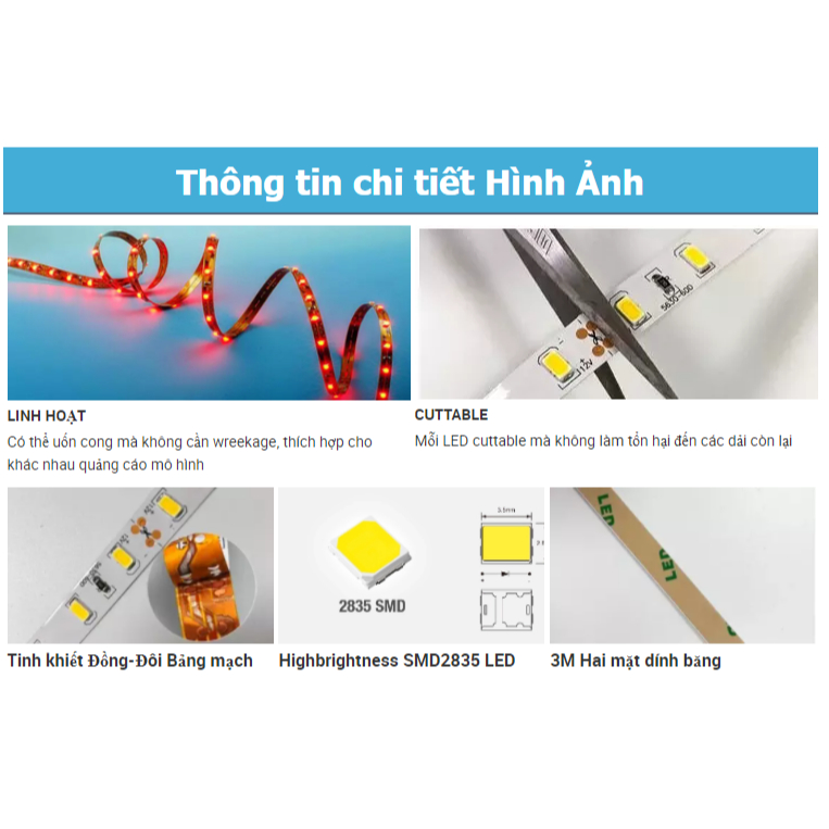 Led cuộn dây dán 5m SMD 2835 điện 12V đơn sắc dùng cho nội thất, tranh điện, tranh tráng gương, gương led