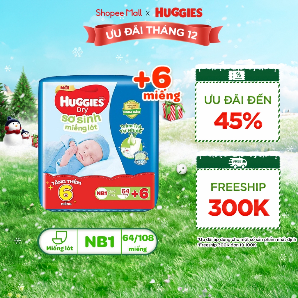 [Tặng kèm miếng] Miếng lót Sơ Sinh Huggies Tràm Trà NB1 64 miếng và 108 miếng