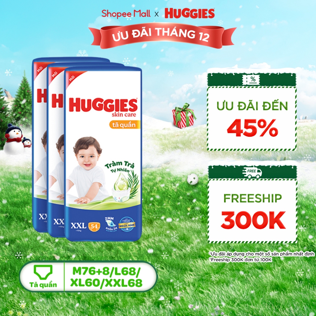 Thùng 3 gói Tã/bỉm quần HUGGIES SKINCARE gói M76+8/L68/XL60/XXL54 (M56/L48/XL40/XXL36+8)