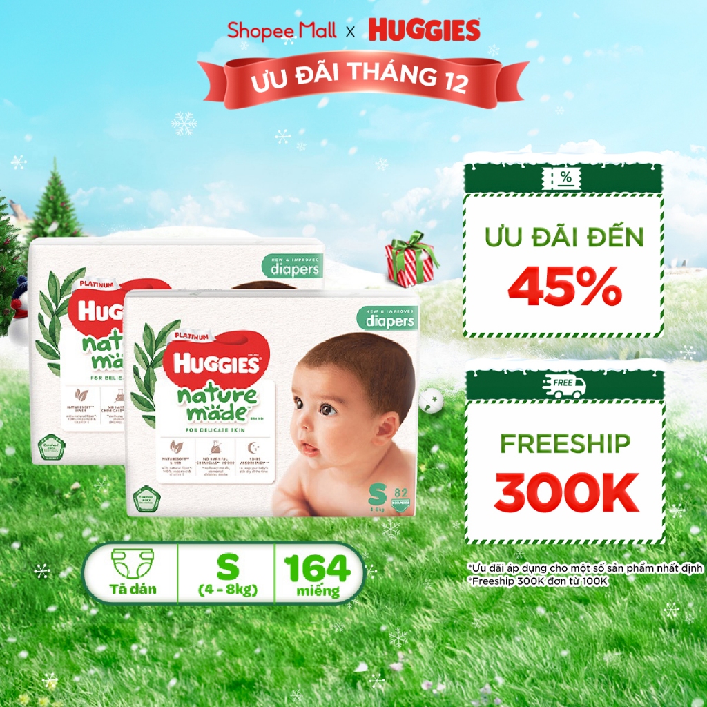 Combo 2 Tã/Bỉm dán sơ sinh Huggies Platinum NatureMade S82 (4-8kg)-Gói Super Jumbo 82 miếng