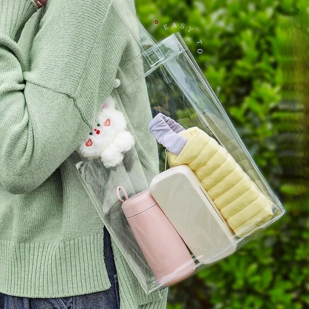 Túi Nhựa Trong Suốt Đeo Vai Có Nút Bấm Đựng Vừa A4, Túi Đi Học, Túi Đi Biển