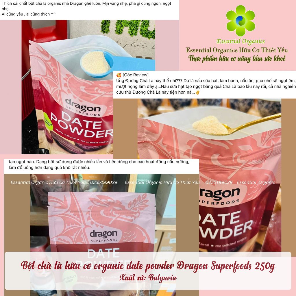 Bột  quả chà là hữu cơ organic date powder Dragon Superfoods 250g