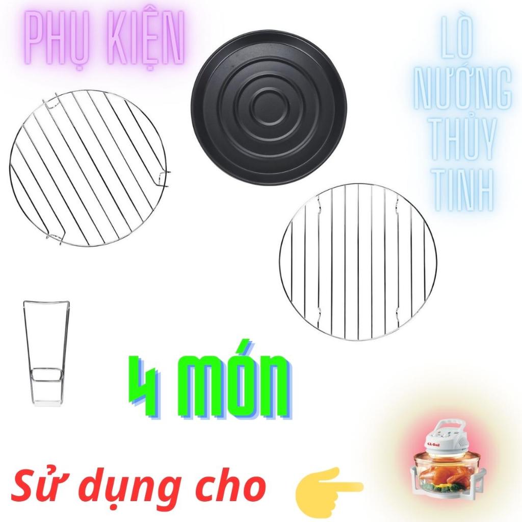 Linh phụ kiện lò nướng thủy tinh, nồi chiên không dầu gồm khay bánh, hứng mỡ, vỉ nướng cao thấp, cây gắp thực phẩm