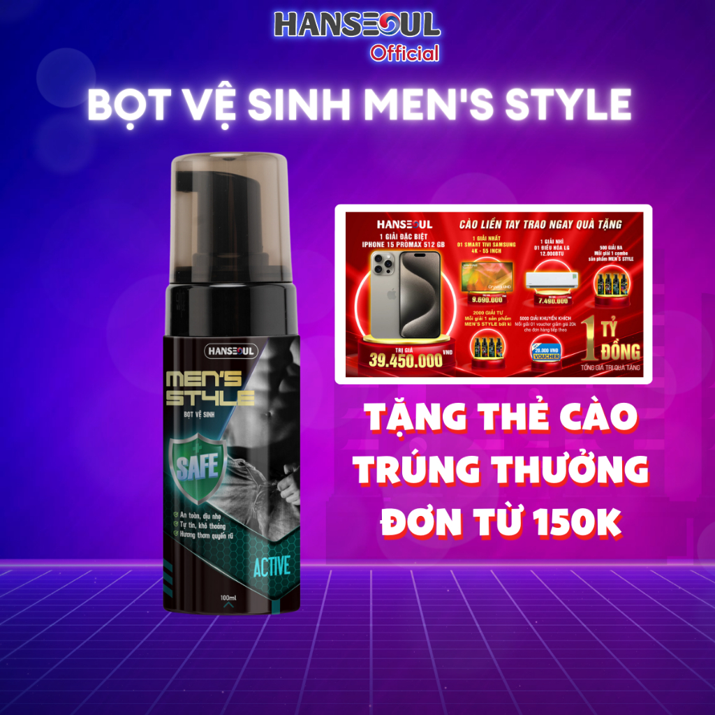 Dung Dịch Vệ Sinh Nam Tạo Bọt Men’s Style Active Hanseoul Sạch Thơm Kháng Khuẩn Ngăn Ngừa Viêm Nhiễm 100ml
