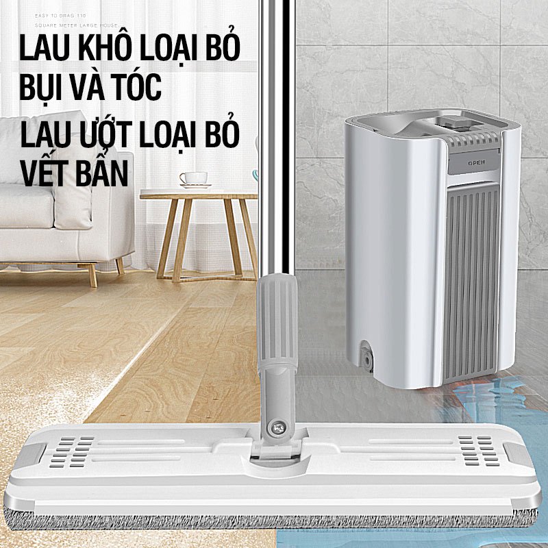 Bộ lau nhà cao cấp Kitimop-C6 Pro có thùng lau 2 ngăn tự vắt, chổi lau nhà 360 độ lau sạch khô nhanh, tặng 2 bông lau