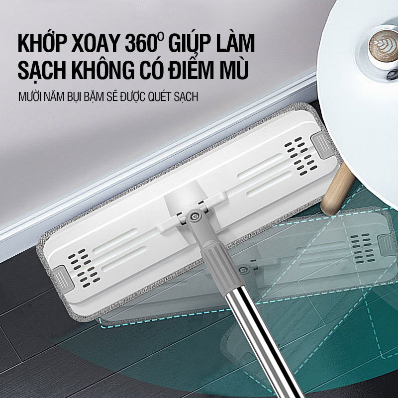 Bộ lau nhà cao cấp Kitimop-C6 Pro có thùng lau 2 ngăn tự vắt, chổi lau nhà 360 độ lau sạch khô nhanh, tặng 2 bông lau