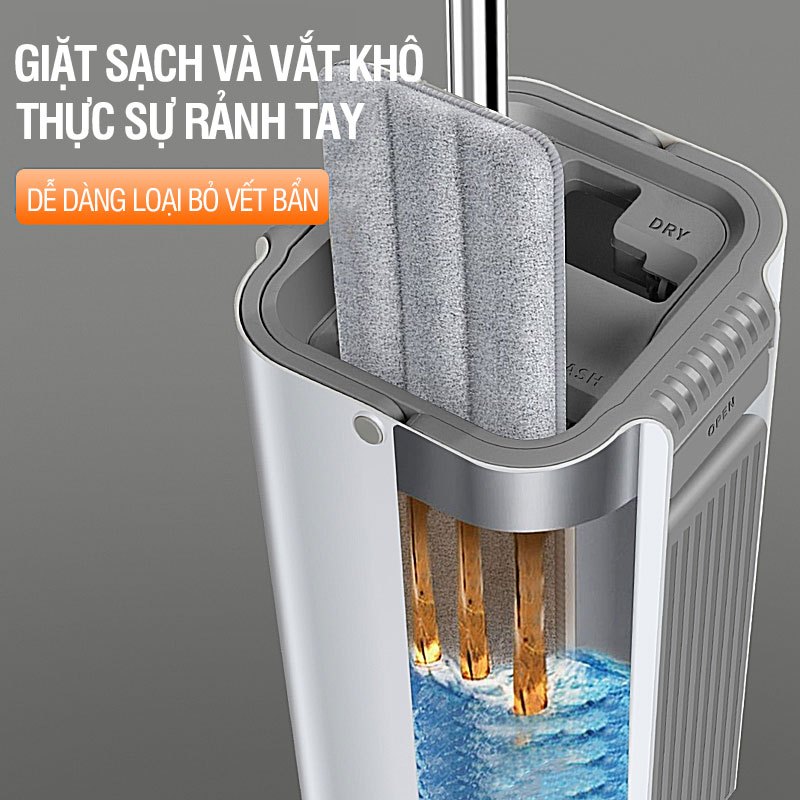 Bộ lau nhà cao cấp Kitimop-C6 Pro có thùng lau 2 ngăn tự vắt, chổi lau nhà 360 độ lau sạch khô nhanh, tặng 2 bông lau