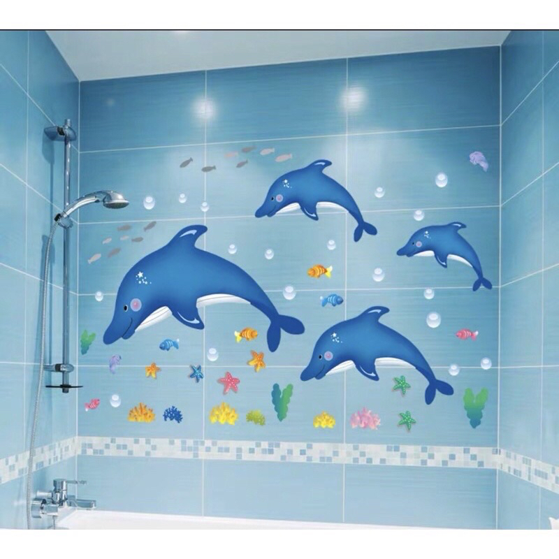 Decal dán tường trang trí đàn cá heo xanh