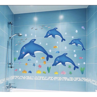 Decal dán tường trang trí đàn cá heo xanh