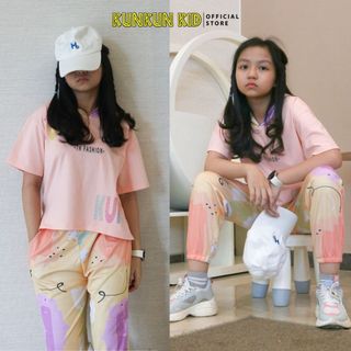 Set áo mix quần dài chất Cotton bé gái thời trang phong cách thể thao Kunkun Kid phù hợp cho bé gái từ 22-45kg