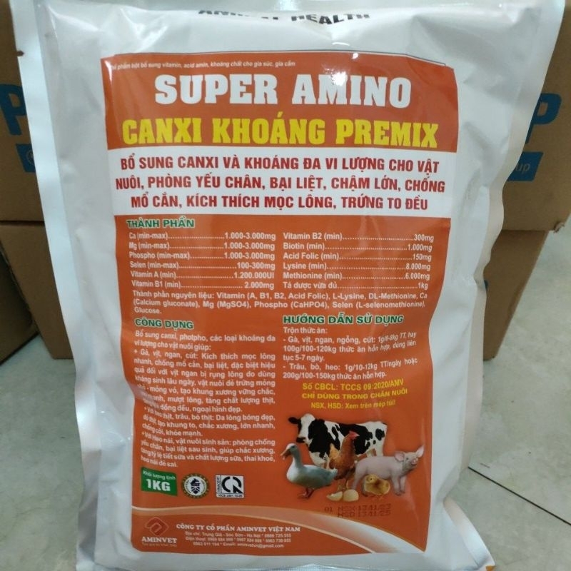 Super amino- canxi khoáng chất 1kg cho vật nuôi phòng yếu chân, bại liệt, còi cọc, chậm lớn