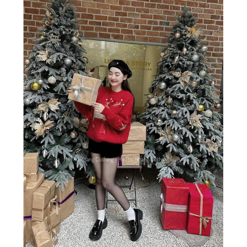 ÁO LEN ĐỎ NOEL HÌNH TUẦN LỘC VÀNG  DẠ KIM TUYẾN