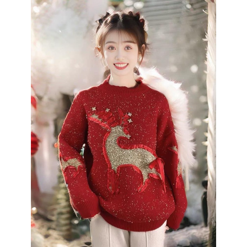 ÁO LEN ĐỎ NOEL HÌNH TUẦN LỘC VÀNG  DẠ KIM TUYẾN