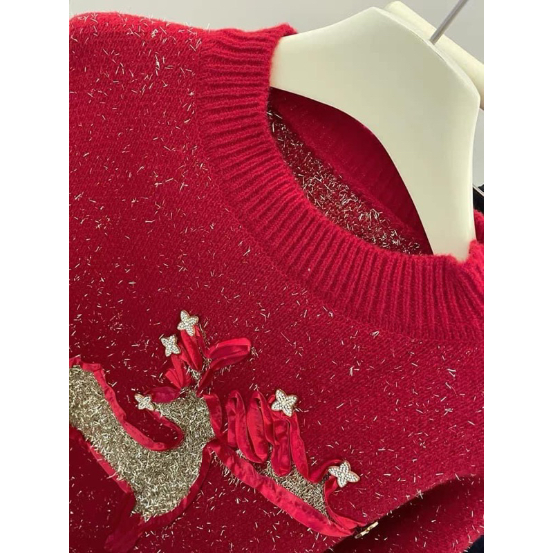 ÁO LEN ĐỎ NOEL HÌNH TUẦN LỘC VÀNG  DẠ KIM TUYẾN