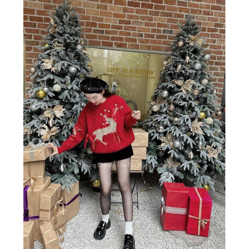 ÁO LEN ĐỎ NOEL HÌNH TUẦN LỘC VÀNG  DẠ KIM TUYẾN