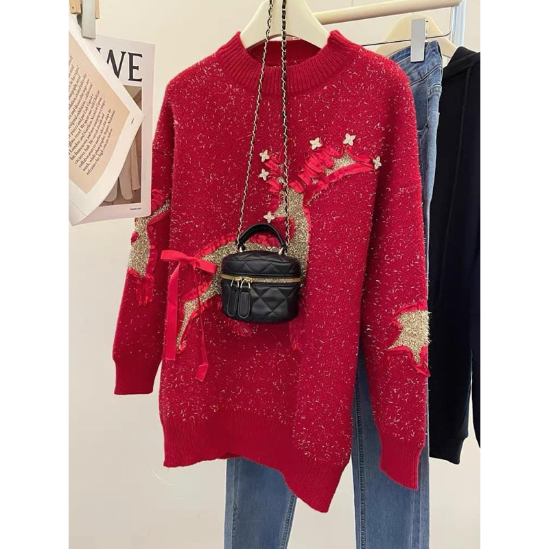 ÁO LEN ĐỎ NOEL HÌNH TUẦN LỘC VÀNG  DẠ KIM TUYẾN