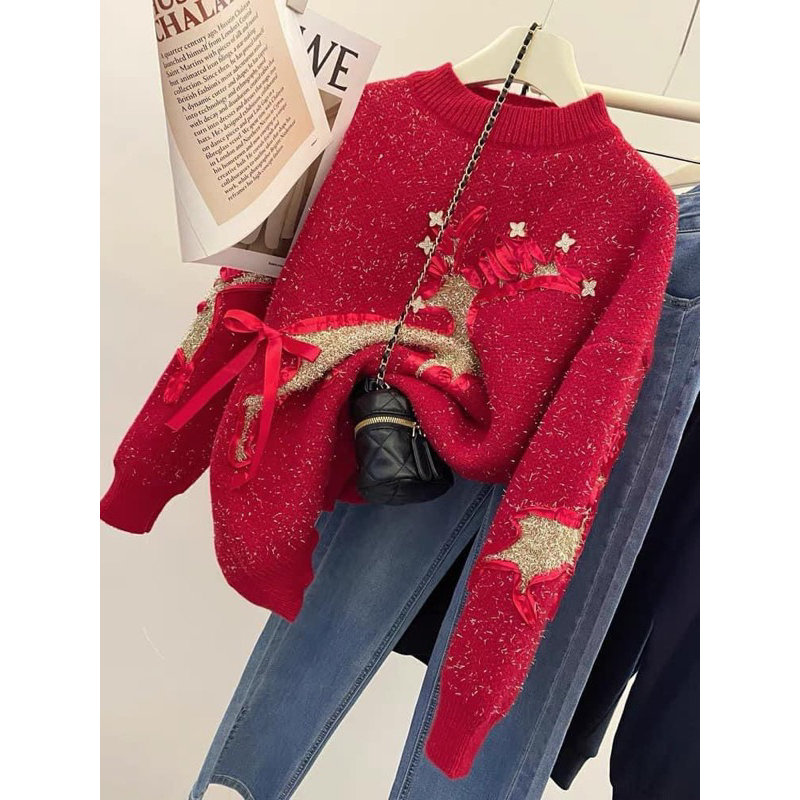 ÁO LEN ĐỎ NOEL HÌNH TUẦN LỘC VÀNG  DẠ KIM TUYẾN