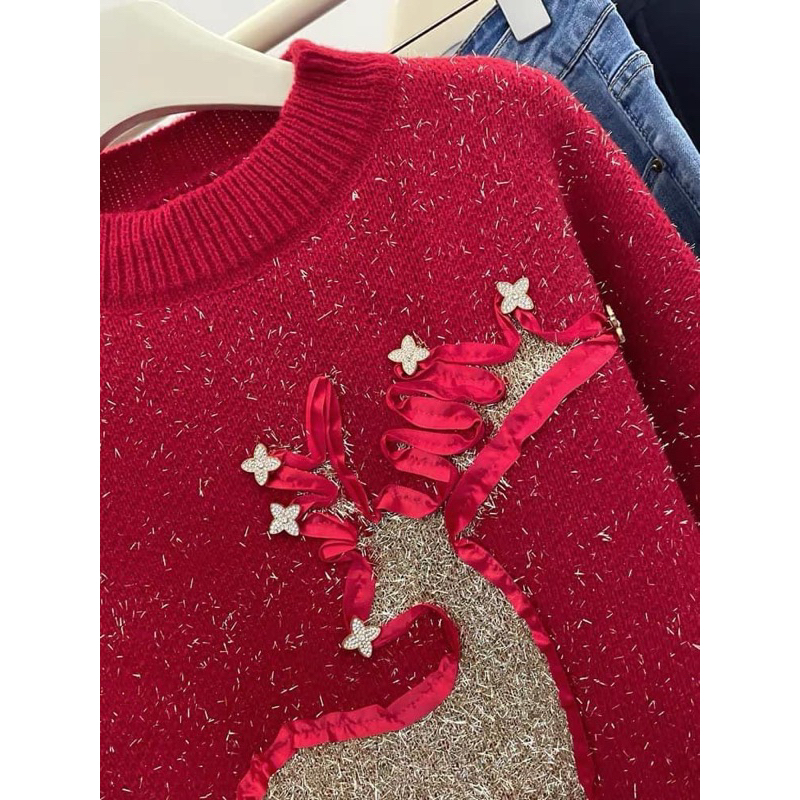 ÁO LEN ĐỎ NOEL HÌNH TUẦN LỘC VÀNG  DẠ KIM TUYẾN