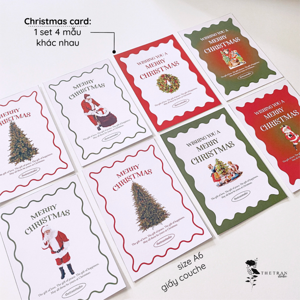 Bộ 4 postcard giáng sinh, sinh nhật, valentine, nghệ thuật 2 mặt A6 / special occasion card / thetranstudio