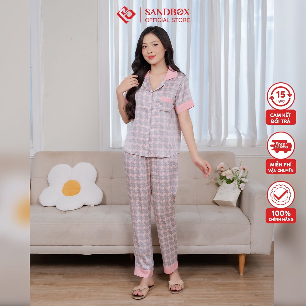 Đồ Bộ Nữ Pijama Mặc Nhà SANDBOX Thiết Kế Phối Tay Cộc, Quần Dài Lụa Satin Nhật Cao Cấp, Thoải Mái