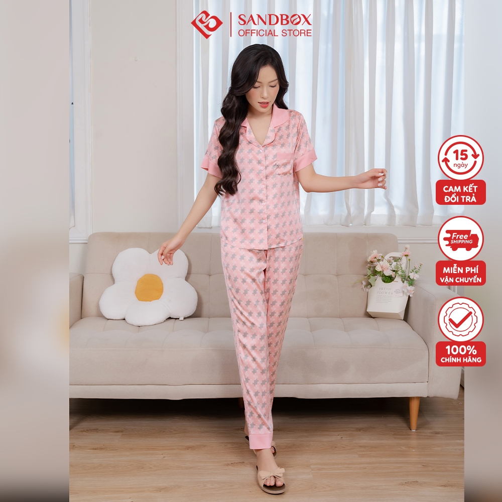 Đồ Bộ Nữ Pijama Mặc Nhà SANDBOX Thiết Kế Phối Tay Cộc, Quần Dài Lụa Satin Nhật Cao Cấp, Thoải Mái