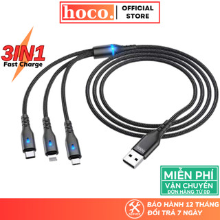 Dây sạc nhanh 3 đầu báo đèn HOCO cáp chất liệu dù siêu bền dùng cho các dòng điện thoại smartphone