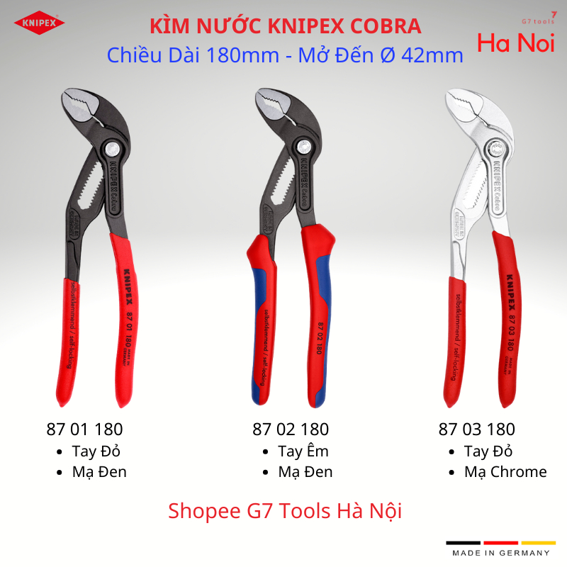 Kìm Nước Mỏ Quạ Knipex Cobra Chiều Dài 180mm 87 01 180/ 87 02 180/ 87 03 180 &amp; Ngàm Nhựa 87 09 180 V01