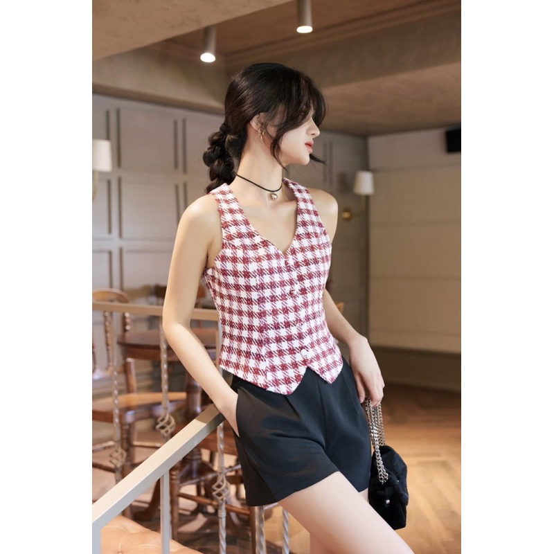 Ceci Cela - Áo Ghilet Dáng Ngắn Caro