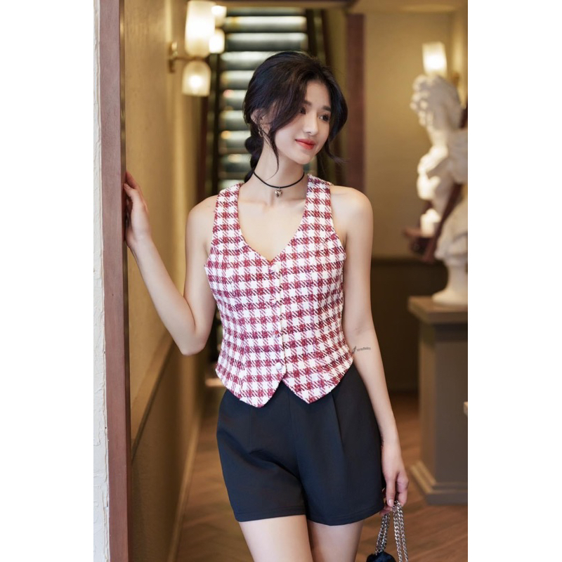 Ceci Cela - Áo Ghilet Dáng Ngắn Caro