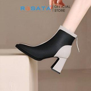 Giày bốt nữ cổ cao đế vuông 8p ROSATA RO610 mũi nhọn khóa kéo sau phối màu
