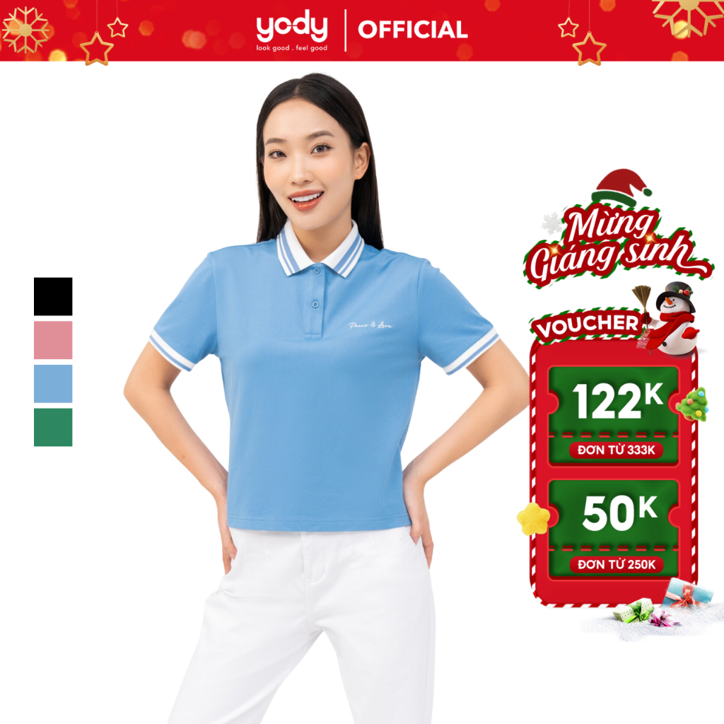 Áo polo nữ YODY áo thun có cổ vải mắt chim dáng croptop thêu chữ trước ngực - APN6142