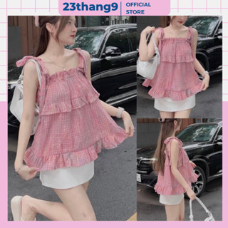 Áo hai dây nữ,  áo babydoll 2 dây bản to màu hồng kẻ caro bánh bèo thiết kế buộc nơ vai xinh xắn A33 đi chơi đi biển