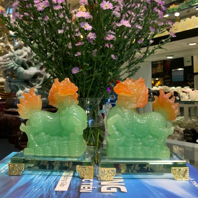 Tượng Kỳ Lân Xanh Đế Thủy Tinh, Tượng Kỳ Lân Bột Đá Màu Cao Cấp, Tượng Kỳ Lân Phong Thủy May Mắn H46