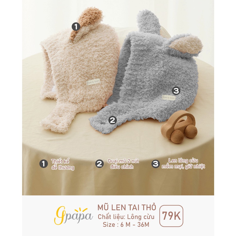 Mũ len lông cừu tai thỏ cài cúc Gpapa cho bé từ 6 tháng đến 3 tuổi Lunakidsbaby