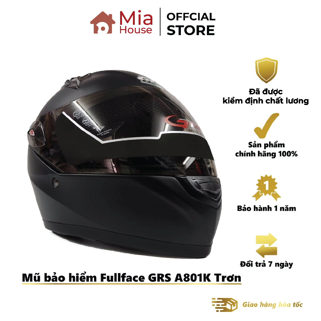 Mũ bảo hiểm Fullface GRS A801K Trơn - mẫu mũ bảo hiểm trùm đầu chính hãng GRS mới nhất năm 2021, chất lượng cao giá rẻ