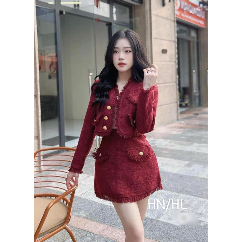 Set Dạ Tweed Đỏ Tua Rua Hàng Thiế Kế Cao Cấp