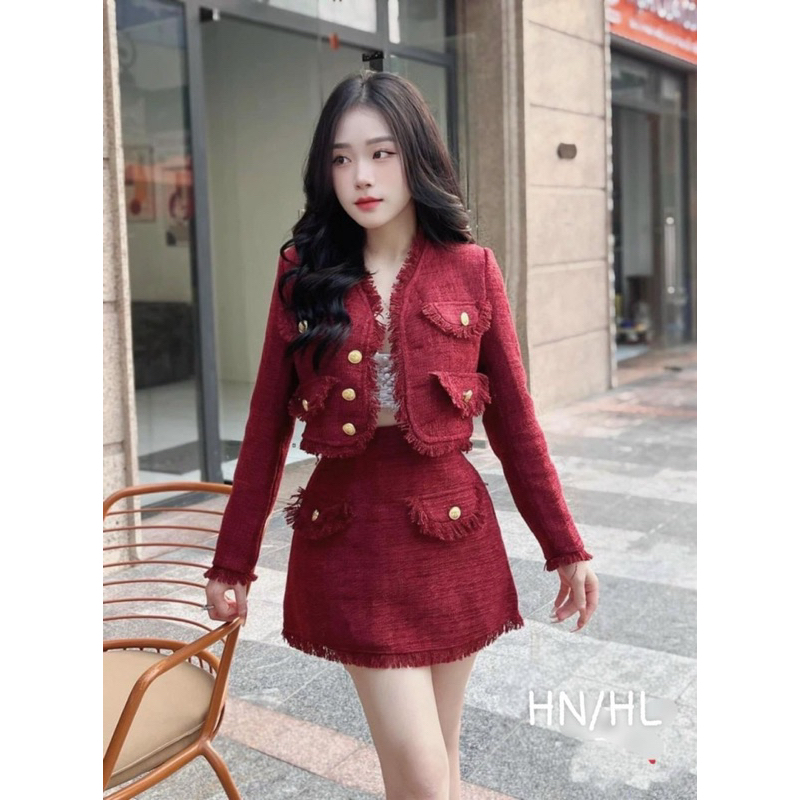 Set Dạ Tweed Đỏ Tua Rua Hàng Thiế Kế Cao Cấp