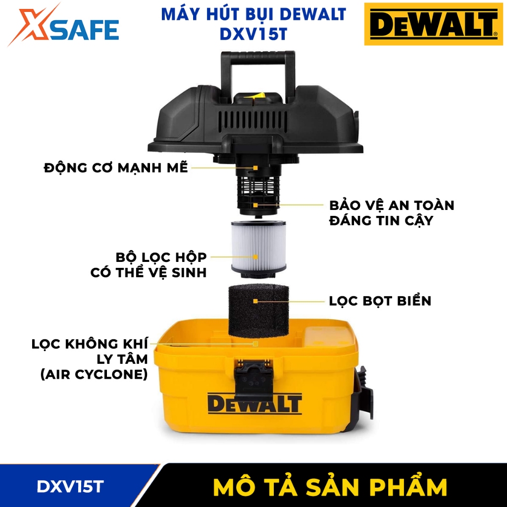 Máy hút bụi di động 3 chức năng DEWALT DXV15T 3000W, dung tích bình chứa 15 lít, dùng hút bụi ướt và khô