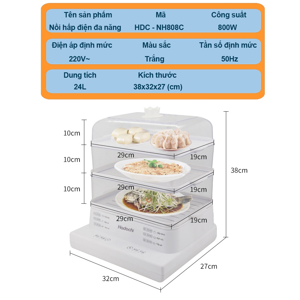 Nồi hấp điện cao cấp, đa năng Hadochi - Dung tích 24L - 3 tầng hấp nhiều món ăn cùng lúc - Hàng chính hãng - Bảo hành 12