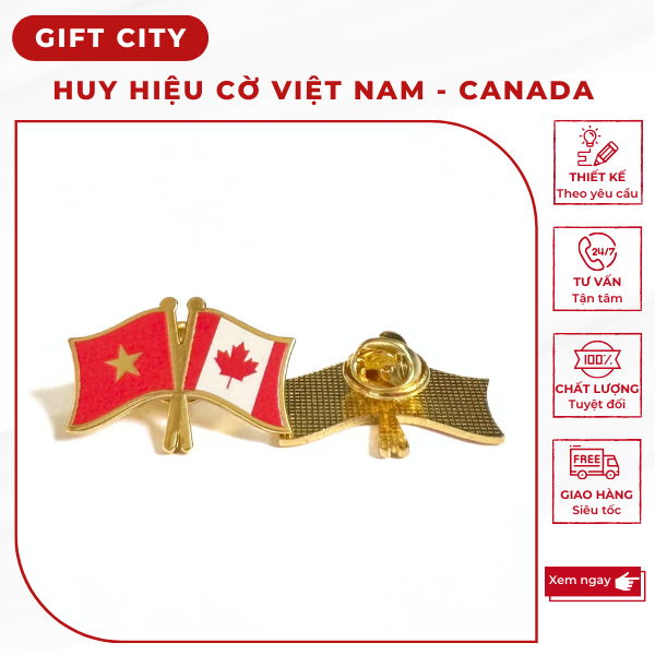 Huy hiệu cài áo lá cờ Việt Nam – Canada đồng đúc cao cấp