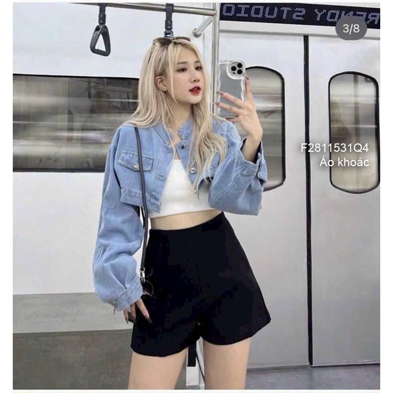 Áo khoác jean túi nắp, áo bò croptop tay dài cổ trụ sang trọng VIENS STORE